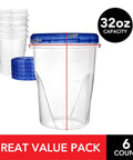 32 Ounce Plastic Containers With Twist Top Lids Six Pack Quart Freezer Storage Great For Leftovers Airtight Reusable Soup Containers Microwave Safe And Dishwasher Safe, showing stack of clear containers with blue lids, 32 oz capacity
