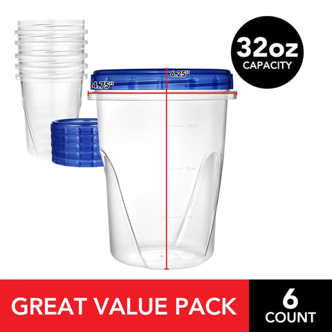 32 Ounce Plastic Containers With Twist Top Lids Six Pack Quart Freezer Storage Great For Leftovers Airtight Reusable Soup Containers Microwave Safe And Dishwasher Safe, showing stack of clear containers with blue lids, 32 oz capacity