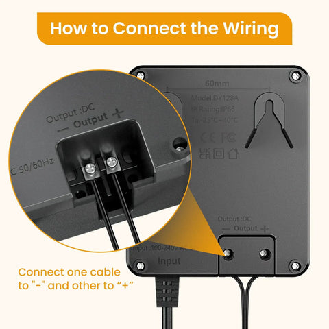 How to connect wiring for Low Voltage Landscape Lighting Kit With 100W Transformer, showing wire terminals and input setup.
