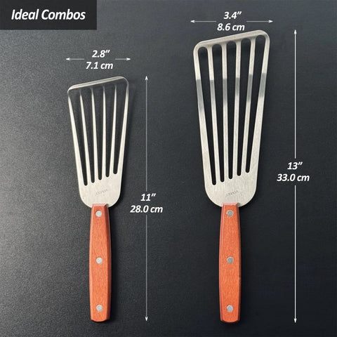 Two stainless steel slotted fish spatulas with wooden handles; 11-inch and 13-inch blades.