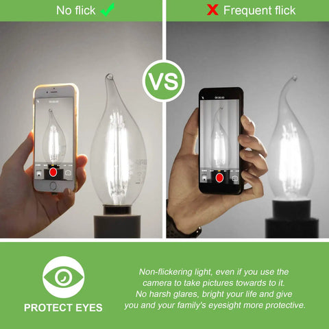 Comparison of LED E12 Candle Bulbs 5W 60W Equiv Non Dimmable Flame Tip with no flicker vs frequent flicking for eye protection