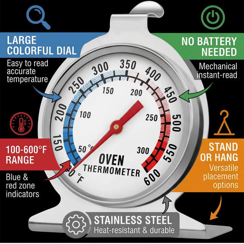 Pro Grade Must Have Oven Thermometer For Gas And Electric Ovens With 100F To 600F Range Mechanical Bi Metal Sensor Hanging Hook And Stand Ultra Readable Dial Kitchen Essential For Baking Grilling And Air Fryers with colorful dial and stand