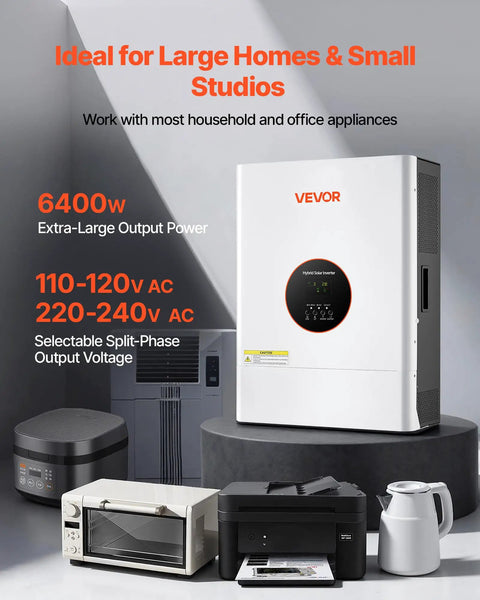 Heavy Lifting 6400W 48V Hybrid Solar Inverter With Built In 120A MPPT Charge Controller, ideal for homes and studios.