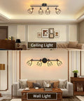 Slick Six Light Black LED Track Lighting Kit With Flexible Rotatable Heads Modern Ceiling Spotlight For Kitchen Office Closet Studio Bedroom Durable Metal Fixture Easy Install showcasing ceiling and wall applications in modern living rooms.