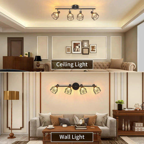 Slick Six Light Black LED Track Lighting Kit With Flexible Rotatable Heads Modern Ceiling Spotlight For Kitchen Office Closet Studio Bedroom Durable Metal Fixture Easy Install showcasing ceiling and wall applications in modern living rooms.
