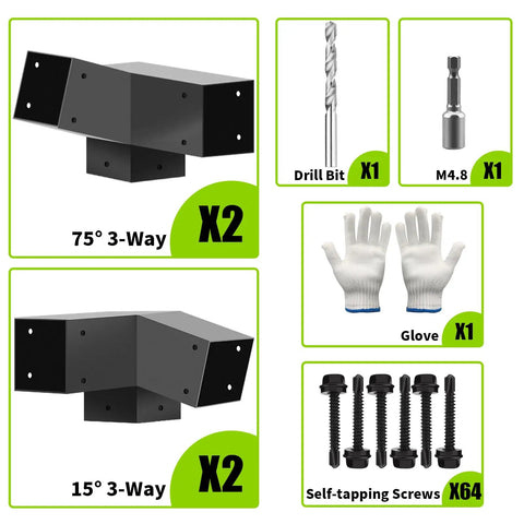 Heavy-Duty 3-Way Pergola Bracket Kit For Wood Beams In Outdoor Gazebos And Patios, 15 Degree And 75 Degree Right Angle Corner Supports, 4x4 Posts Actual 3.5x3.5 Inches, Weatherproof Steel, 4 Pack