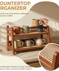 Two Tier Bamboo Coffee Station Organizer For Mugs And Cups, Space Saving Countertop Rack For Kitchen And Coffee Bar