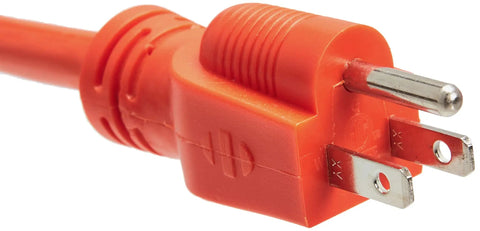High Visibility 25 Foot 3 Prong Indoor Outdoor Extension Cord With 3 Outlets, 13 Amps, 1625 Watts, 125 VAC, close-up of prong design.