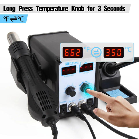 2 In 1 SMD Hot Air Rework Station With Digital Soldering Iron And Heat Gun Includes 5 Solder Tips Solder Sucker Solder Wire Curved Tweezer And 3 Nozzles Kit Adjustable Temp And Air Flow For Quick 15 Second Heat Up To 480 Degrees shown with temperature display and controls.