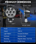 Top Tier Led Forklift Safety Blue Spot Light With Durable Magnetic Mount And Bracket For High Voltage Up To 80V Waterproof Ip68 Alarm Beam For Agv Tugger Amr And Warehouse Fleet Protection dimensions display with technical specs in warehouse.
