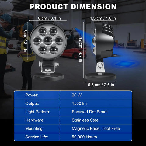 Top Tier Led Forklift Safety Blue Spot Light With Durable Magnetic Mount And Bracket For High Voltage Up To 80V Waterproof Ip68 Alarm Beam For Agv Tugger Amr And Warehouse Fleet Protection dimensions display with technical specs in warehouse.