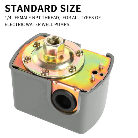 Water Pressure Switch For Well Pump Adjustable 40 To 60 Psi Differential 1 Quarter Inch NPT Fits Standard Pumps Easy Install Auto On Auto Off Control Switch showing 1/4 inch NPT thread