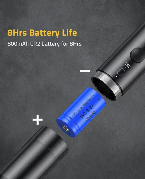 Laser Bore Sight Kit With 32 Adapters For 0.17 To 12 GA Calibers showing 8-hour CR2 battery life on a dark background.