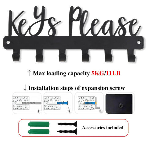 Keys Please Wall Mounted Mini Key Holder Iron Black Decor Rack With Six Hooks, installation instructions and screws included.