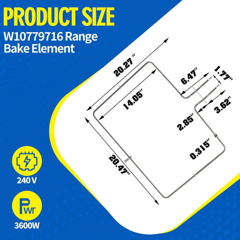Diagram of Range Oven Bake Element Replacement 240V 3600W For Whirlpool KitchenAid Maytag Ovens Easy Install Get Your Oven Back On Track With Full Heat And Even Baking WFE540H0AS0 WFE540H0ES0 MER8700DS1 KSDB900ESS2 W10774342 PS11703285 AP5970727 W10289097 showing dimensions