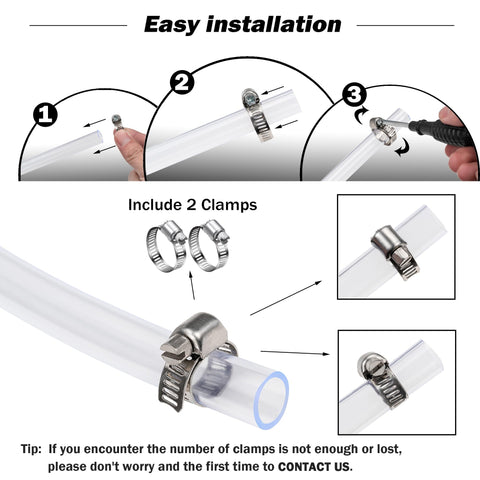 Illustration of Clear 3/8 Inch ID 100 Ft Vinyl Tubing For Low Pressure, Flexible PVC Hose with two stainless clamps for easy installation