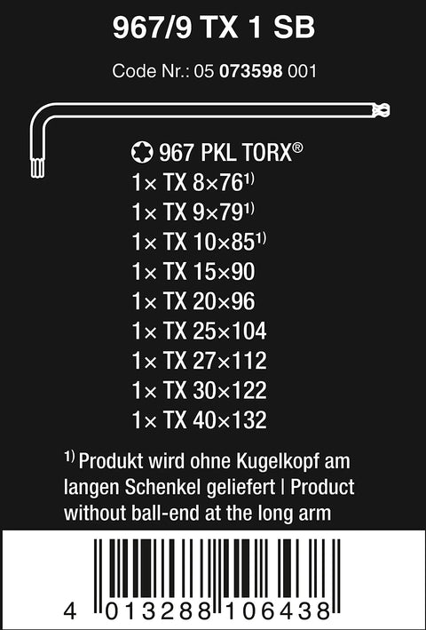 TX L Key Set 9 Pc With Ballpoint Torx Long Arm BlackLaser Hardened Blades Hex Plus Technology details on packaging.