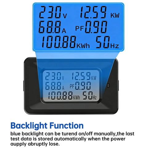 Power Monitor Meter For 110-250V AC 100A Digital Multimeter With Split Current Transformer display showing voltage, power, and other metrics