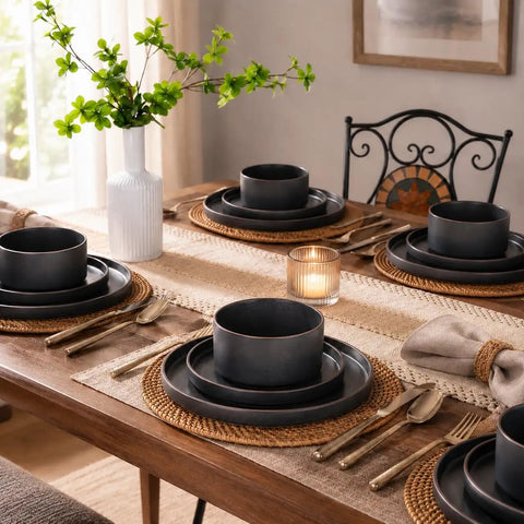 Top Tier Real Deal 12 Piece Stoneware Dinnerware Set With Sleek Matte Finish Includes Four Dinner Plates Salad Dishes And Cereal Bowls Lead Free beautifully arranged on a dining table.