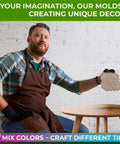 Man holding a 4 Piece Pathmaker Concrete Molds Set for DIY paver stones, showing Lily tile pattern mold on wooden table.