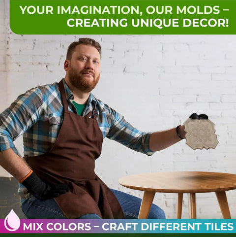 Man holding a 4 Piece Pathmaker Concrete Molds Set for DIY paver stones, showing Lily tile pattern mold on wooden table.
