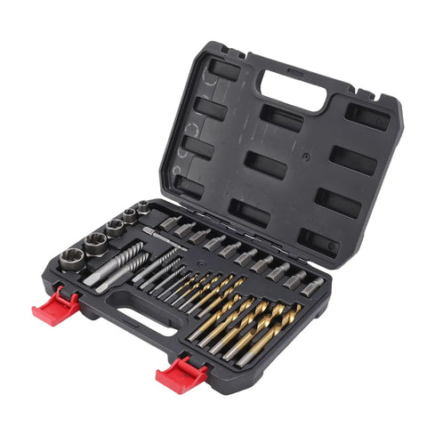 Grab This Awesome 32 Pc Screw Extractor Set With Heavy Duty Reverse Drill Bits For Fixing Stripped Bolts And Broken Nuts Like A Boss Using Tough Chrome Molybdenum Steel Tools With Storage Case. 32 pc chrome molybdenum steel screw extractor set in case
