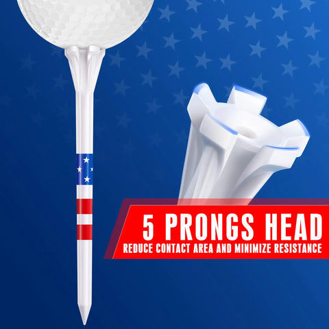 Five Prong Plastic Golf Tees Set With Star And Stripe Marking System 120 Pack including close-up of prong head and golf ball