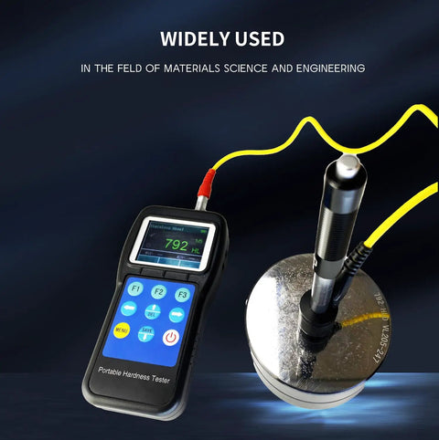 Portable Brinell Hardness Tester NDT230 with Color Screen and 7 Easy-To-Swap Impact Modules shown with testing probe and base