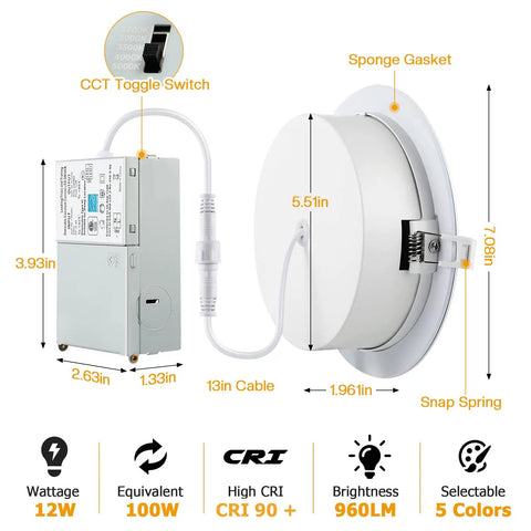 Six Inch LED Recessed Lighting Kit With Junction Box Gimbal Downlights 5CCT Selectable 2700K To 5000K Dimmable Ceiling Light dimensions