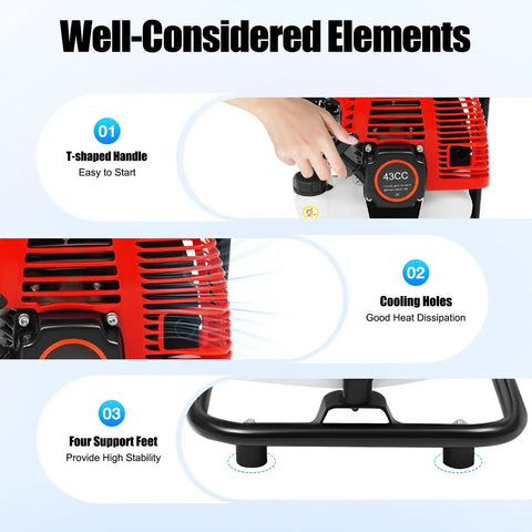 Top Shelf Gas Powered Water Pump With Smooth Quick Pull Start And Serious Flow Power For Backyard Cleanup Pool Draining And Yard Irrigation Includes Free Oil Funnel Filter Kit, showcasing T-shaped handle, cooling holes, and support feet.
