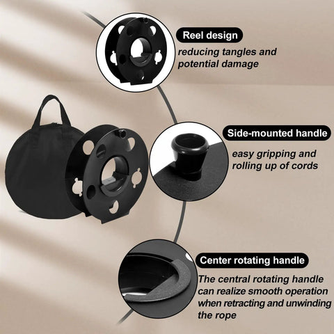 Image showing Portable Heavy Duty Cord Storage Reel with center rotating handle and side-mounted handle in black plastic design.