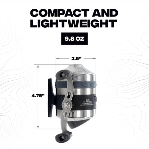 Side view of Spincast Bowfishing Reel For Slingshot Bow Fishing Stainless Steel Construction Left Or Right Reversible Handle