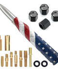 Bullet Antenna Replacement Mast With Valve Stem Caps American Flag Style, silver aluminum finish, various fittings included.