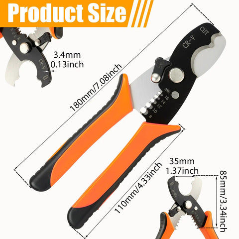 Heavy Duty Wire Stripper Cable Cutter With 45 Steel Body And Stainless Return Spring For Electricians Auto Opening Pliers Crimper Tool, showing detailed size measurements.