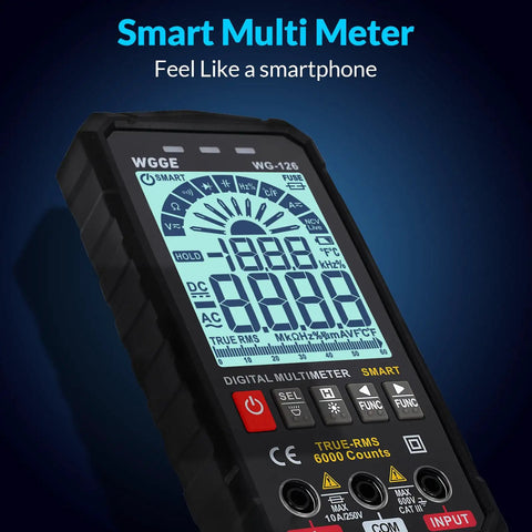 Smart Auto Ranging Digital Multimeter TRMS 6000 Counts Handy Electrical Tester close-up of backlit screen and controls