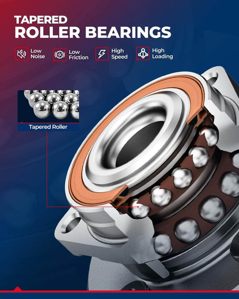 Close-up of tapered roller bearing showing low noise and friction for a Pair Front Wheel Hub and Bearing Assembly for 1997-2006 Buick Pontiac Oldsmobile and Chevy Models (5-Lug w/ABS) Direct Fit Replacement 513121 513179 12429204 7470017