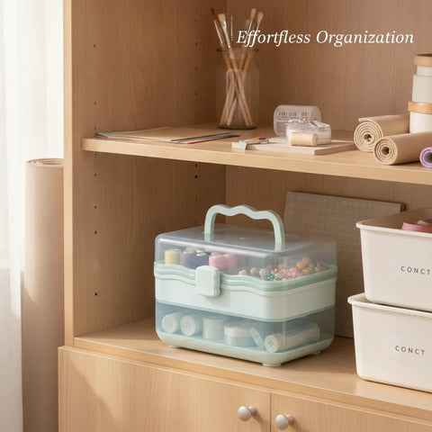 Portable Two Layer Tool Box With Handle For Hardware Beads And Small Parts Storage on wooden shelf