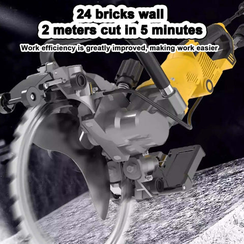 Supercharged Electric Concrete Circular Saw With Built In Water Fed Dust Suppression And Ring Diamond Blade Wall Chaser Masonry Cutter Slices Through Granite Stone Like Butter Quick Clean Cuts Up To Forty Nine Centimeters Deep Ac8600 cutting through a brick wall.