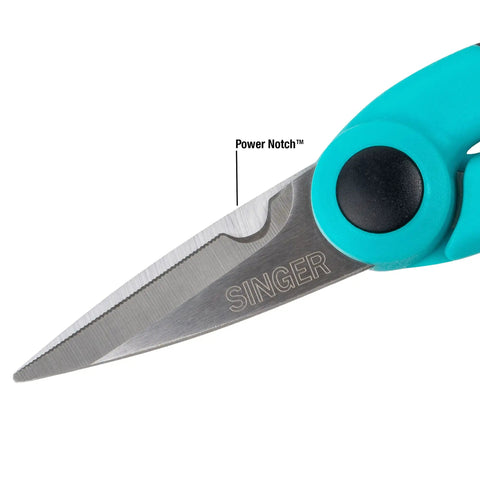 ProSeries Heavy Duty Detail Scissors Five Point Five Inch With Power Notch For Fabric And Craft Projects Teal Rubberized Comfort Grip Sleek Precision For Sewers Crafters And DIYers close-up blade and power notch