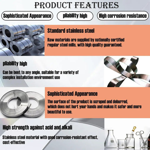 Super Heavy Duty Stainless Steel Strapping Kit With Manual Tensioner Tool And One Hundred Rugged Steel Banding Buckles features image with product specifications and benefits.
