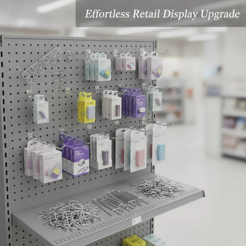Heavy Duty Metal Shelf Hooks 50 Pack For Pegboard Displays Silver Finish on retail pegboard with packaged goods visible
