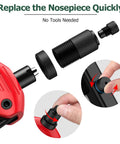 Boss Level Heavy Duty Manual Pop Rivet Gun Kit Featuring 200 Rugged Aluminum Rivets Plus Five Swap Out Nozzles close-up of easy no-tool nosepiece replacement.