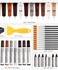 Comprehensive Wood Furniture Repair Kit With Slick Touch Up Markers And Premium Wax Sticks For Easy No Sweat Scratch Crack Fix On Laminate Floors Tables And Headboards 42 Piece Restoration Set including 12 wood fillers, markers, scraper, and brushes.