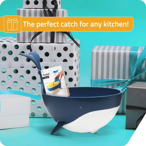 Pastail Medium Whale Shaped Pasta Colander For Draining Pasta Vegetables And Fruit, shown next to gift boxes, standing on fins.