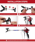 Installation steps for Heavy Duty High Pressure Airless Paint Primer Spray Gun Featuring Slick Reversible 517 Tip and Swivel Coupler.