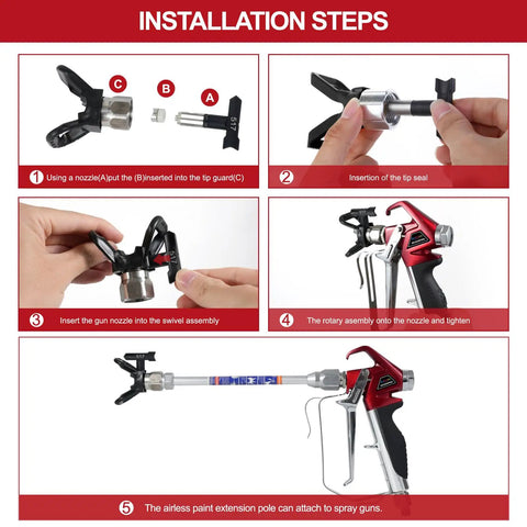 Installation steps for Heavy Duty High Pressure Airless Paint Primer Spray Gun Featuring Slick Reversible 517 Tip and Swivel Coupler.