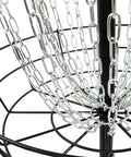 Close-up of Portable 24 Chains Disc Golf Basket For Practice, showing stable metal base and interwoven chains.
