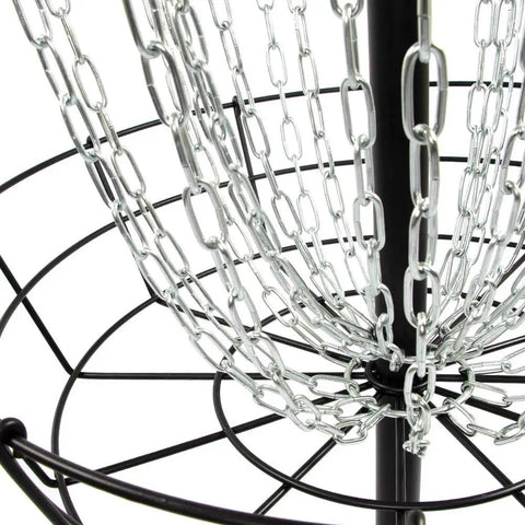 Close-up of Portable 24 Chains Disc Golf Basket For Practice, showing stable metal base and interwoven chains.