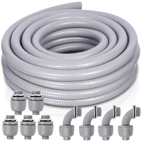 1 Inch 25 Ft Non Metallic Liquid Tight Conduit And Connector Kit With Five Straight And Four Angle Fittings For Electrical Wiring Projects