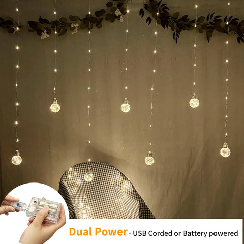 Warm White 200 LED Wishing Ball Window Curtain Lights With Remote USB Battery Powered Twinkle Globe Fairy Lights display